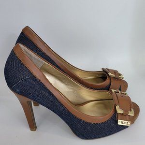 Guess Malee Buckle Peep Toe Heels Women's Blue/Brown US Size 6.5M